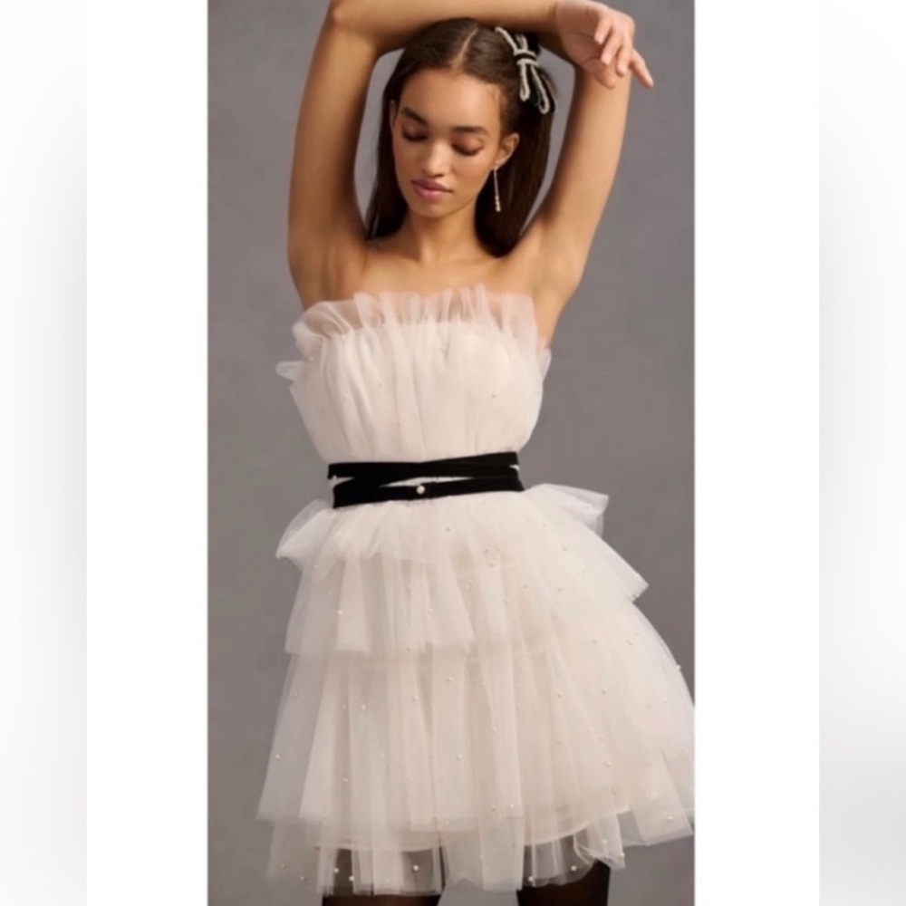 Maeve White Strapless Tiered Tulle Cocktail Mini Dress by Anthropologie - Picture 3 of 11